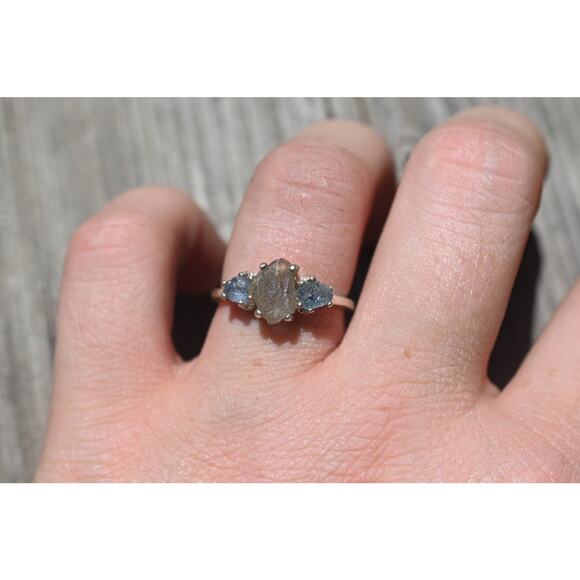 Labradorite and Montana Sapphire engagement ring raw stone ring alternanative - Picture 1 of 7